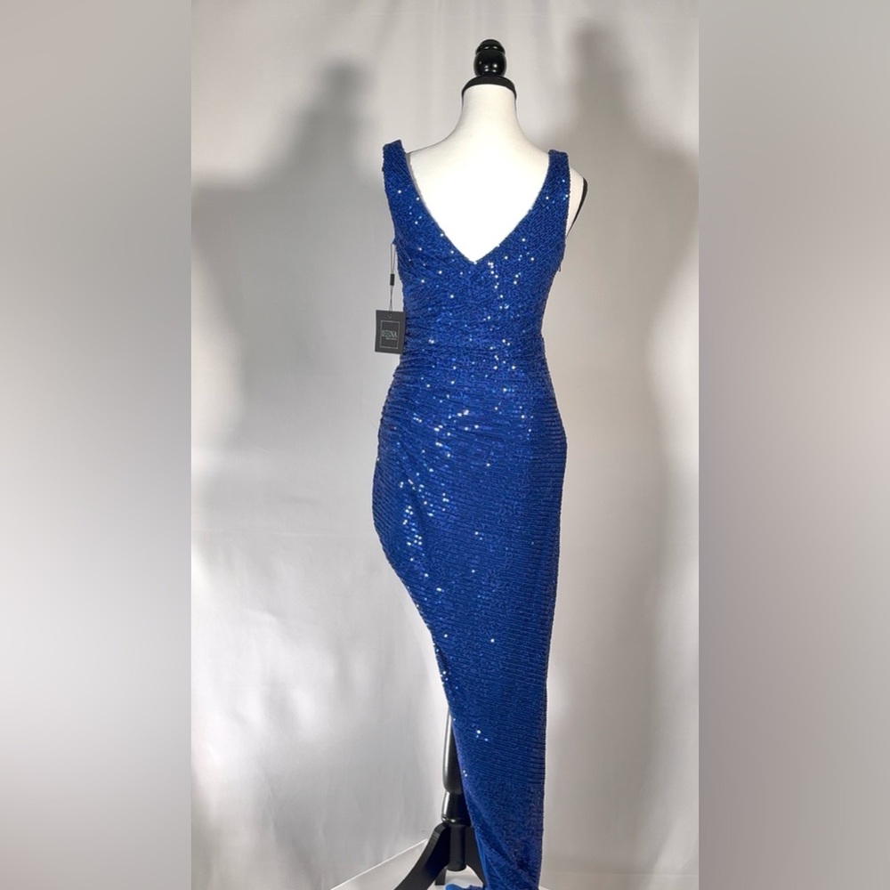 Mac Duggal Formal Blue Sequined Draped Faux Wrap Asymmetrical Hem Gown NWT $298 - Picture 5 of 6